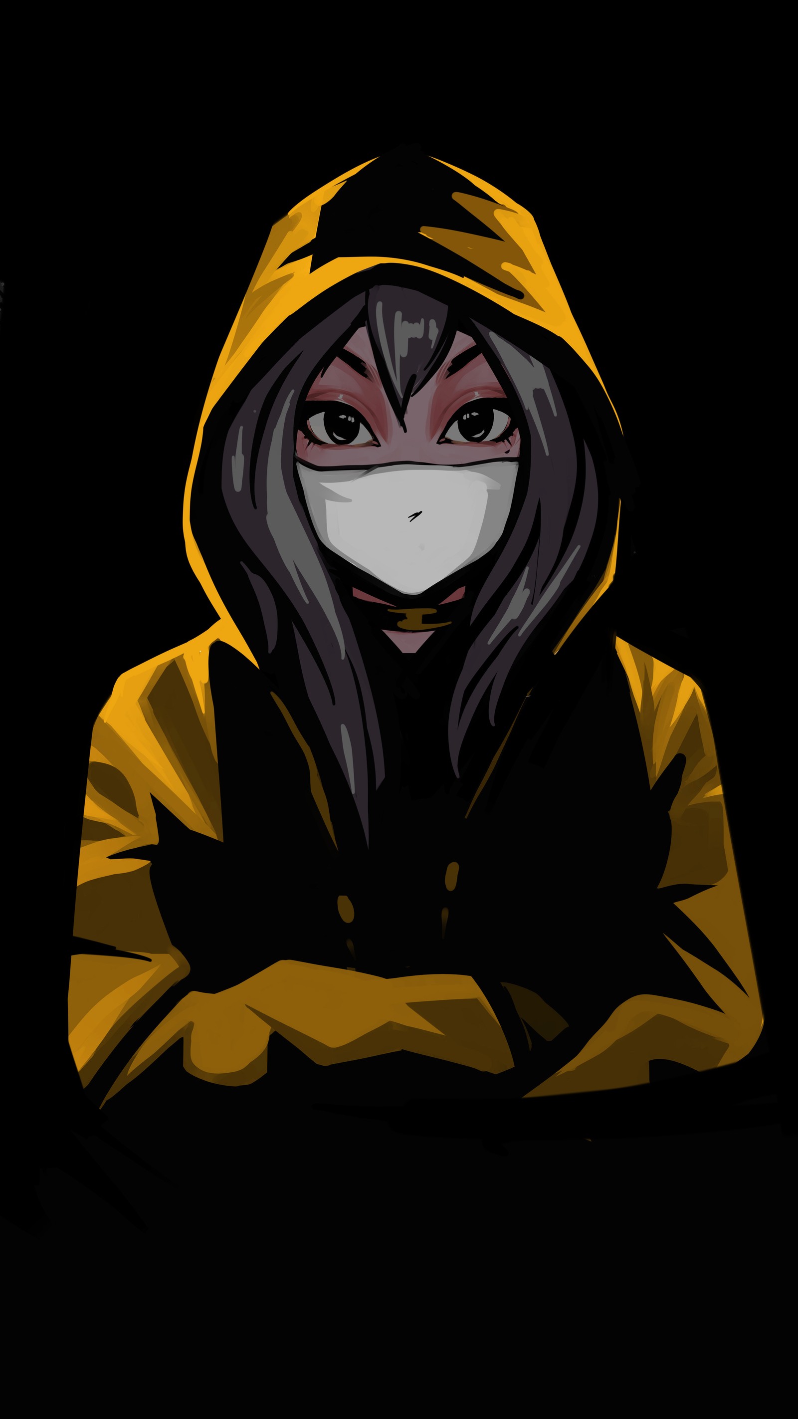 Anime character with hoodie and mask in front of a black background (anime, anime art, art, cartoon, sleeve)