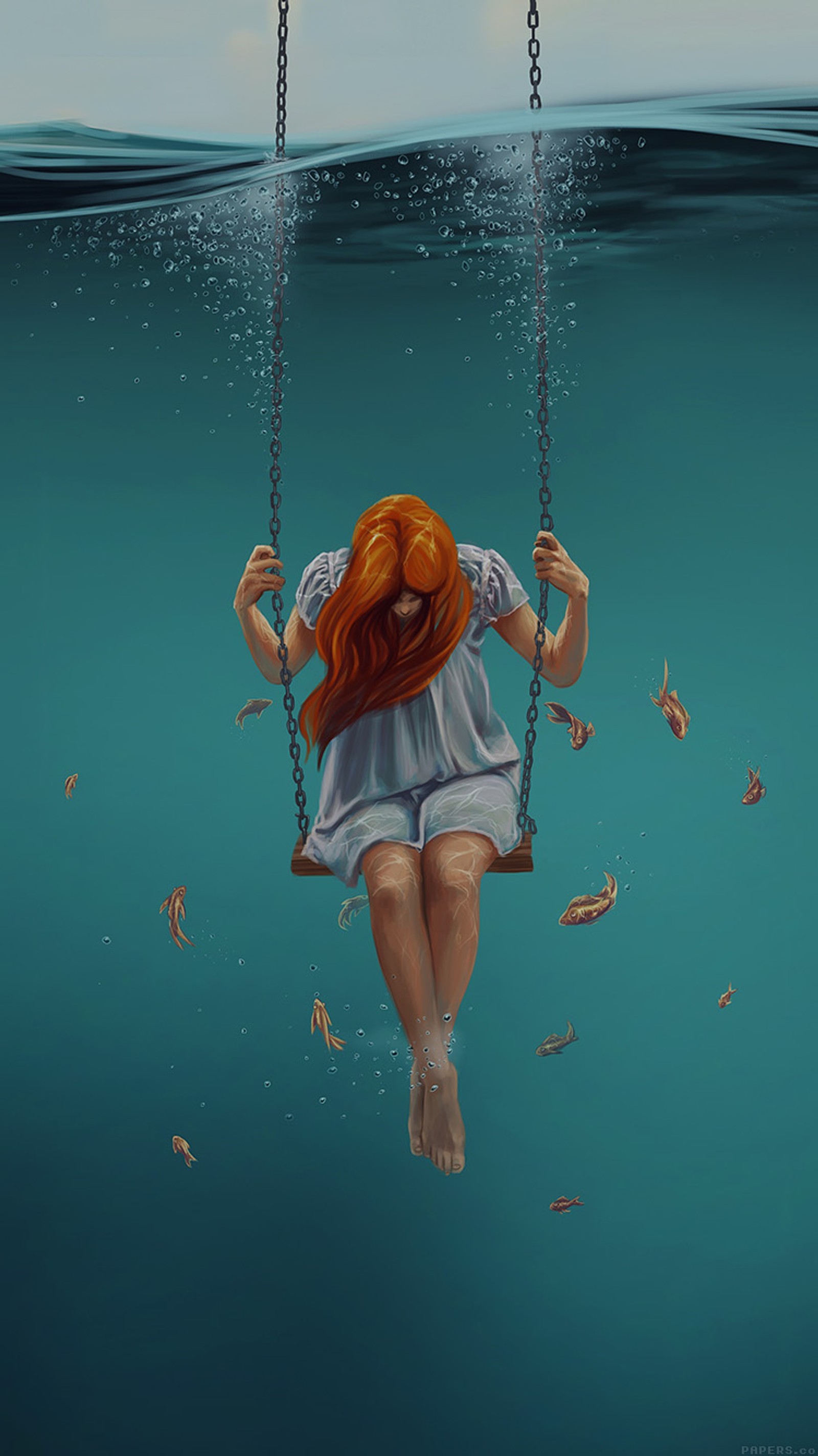 Painting of a woman on a swing in the water with fish (dark, girl, water)