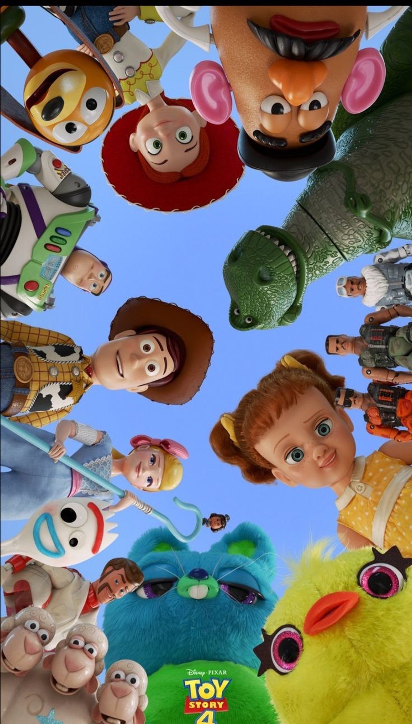 Pôster de toy story 4 com muitos personagens (dibujos anime, feliz)