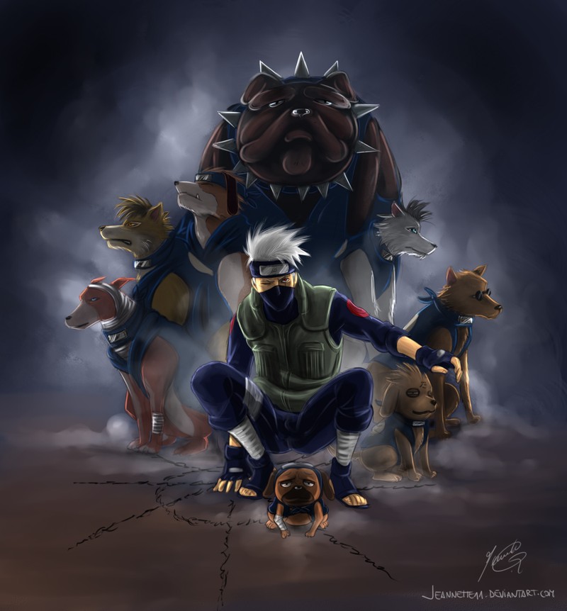 Аниме-персонажи позируют для фотографии с их собаками (naruto, kakashi, hatakr, аниме, anime)