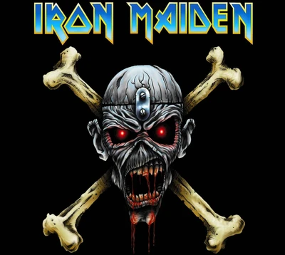 Diseño de calavera de Iron Maiden con huesos cruzados y ojos rojos