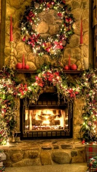 Cozy Holiday Fireplace with Festive Decor and Warm Glow