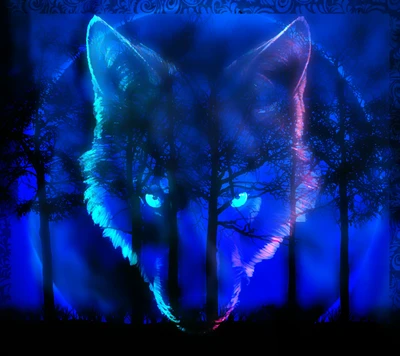 Abstract Blue Moonlit Wolf Among Dark Trees