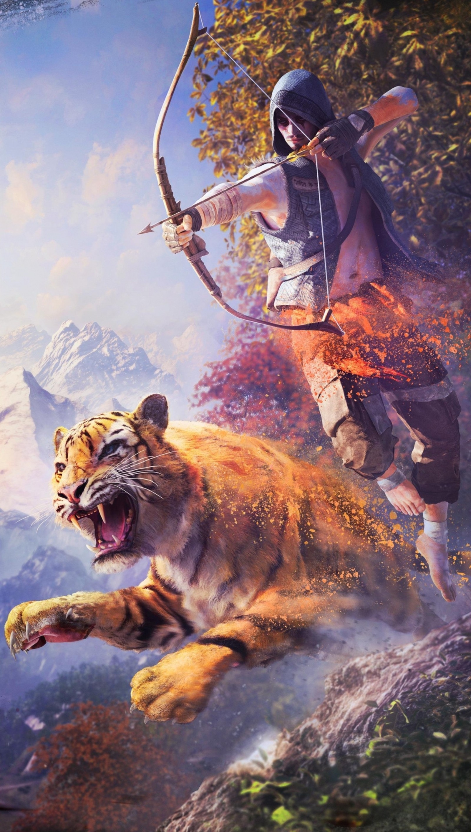 Painting of a man with a bow and arrow riding a tiger (far cry, tiger, video game)