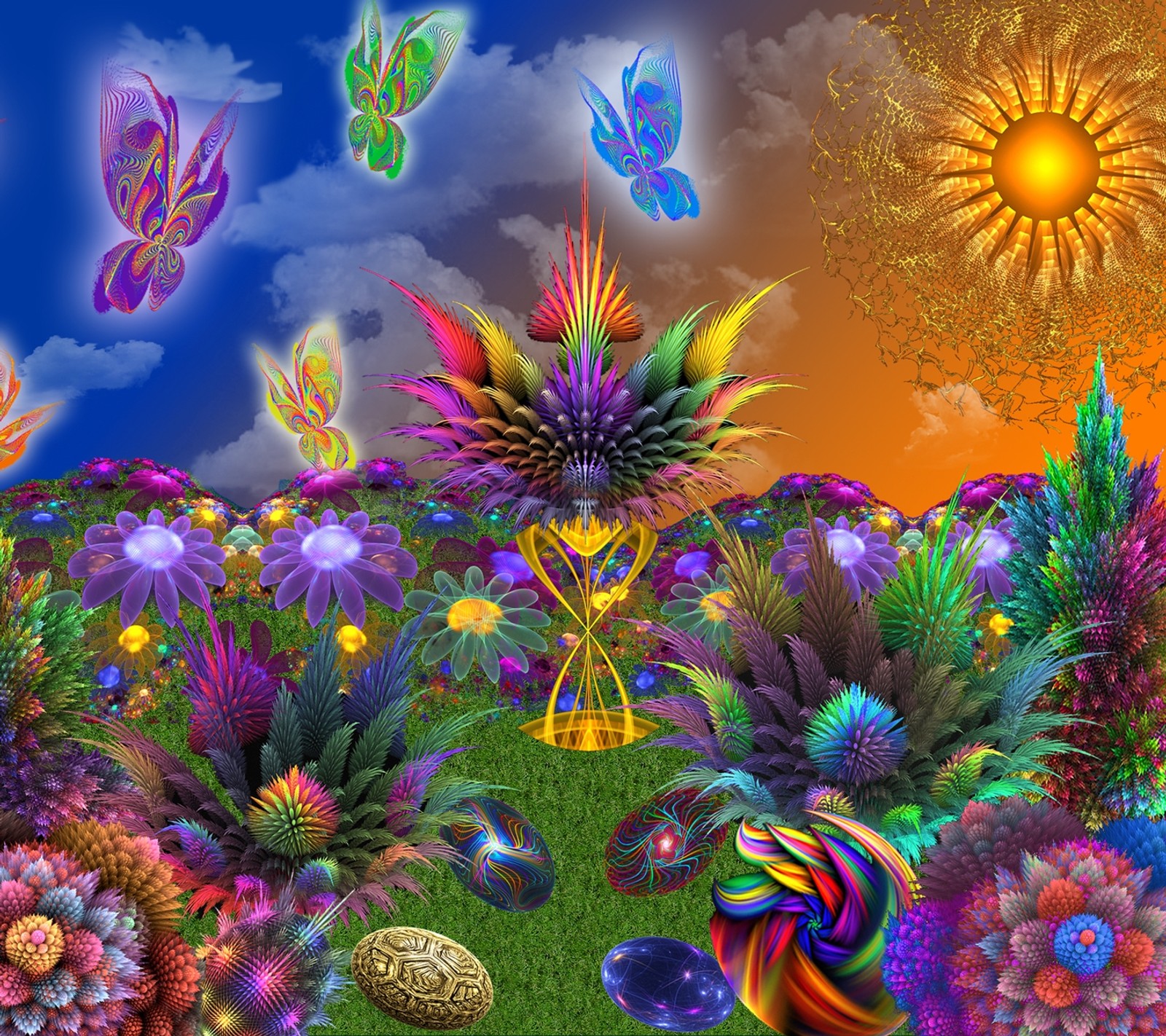 Uma pintura de um jardim colorido com muitas flores e borboletas (3d, fractal, planta, psicodelia, sol)