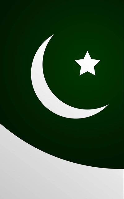 Représentation stylisée du drapeau du Pakistan avec un croissant et une étoile blancs sur un fond vert foncé.