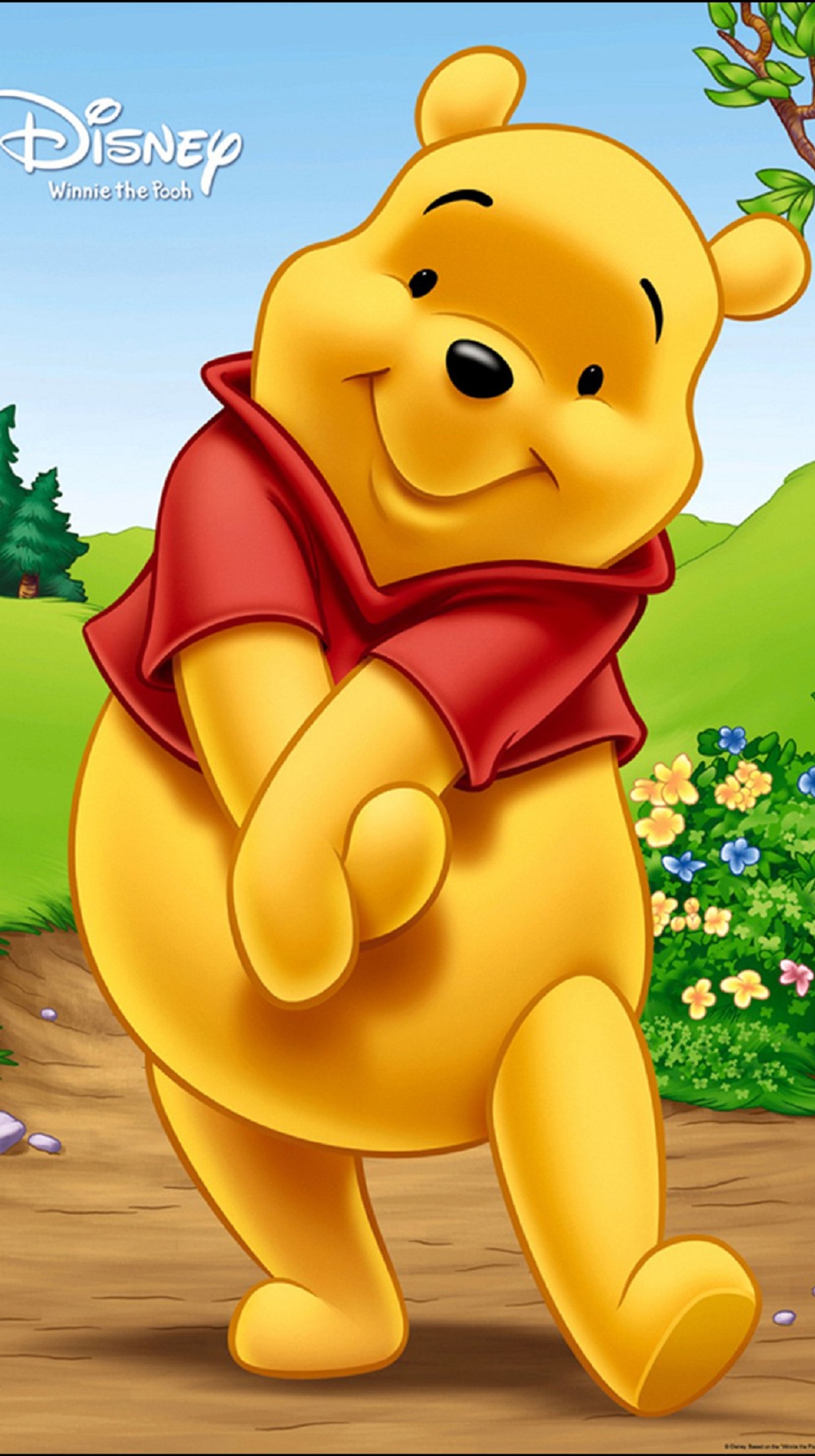 Winnie the pooh is dancing in the park with a red scarf (animals, cartoons)