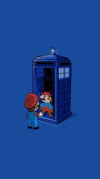 Mario 8 bits emerge da TARDIS em um papel de parede azul minimalista