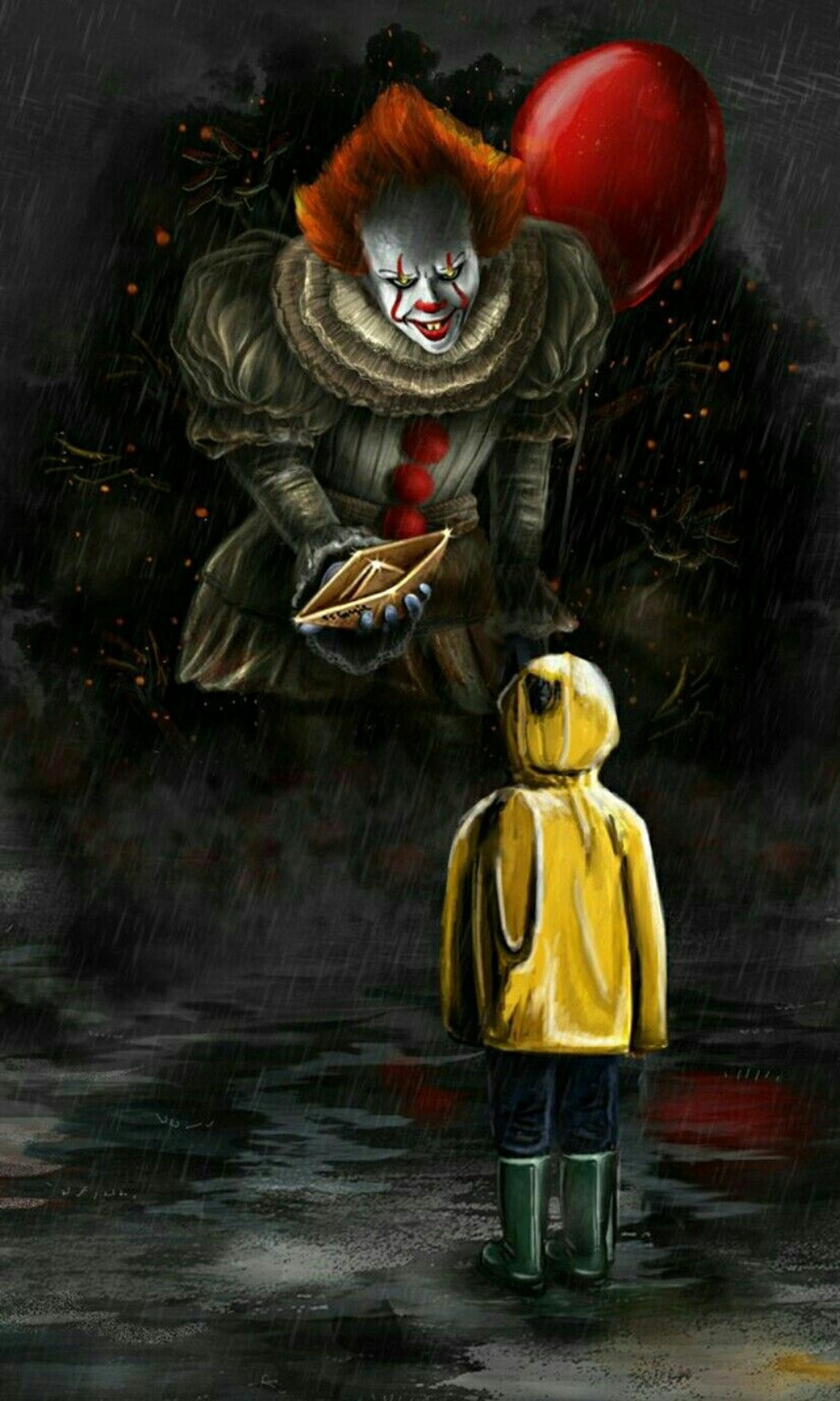 Un payaso con cabello rojo y un impermeable amarillo parado bajo la lluvia (dibujos, película, payasos, terror)