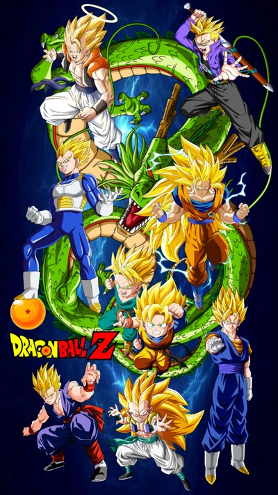 Personagens épicos de Dragon Ball Z aproveitando o poder com Shenron ao fundo