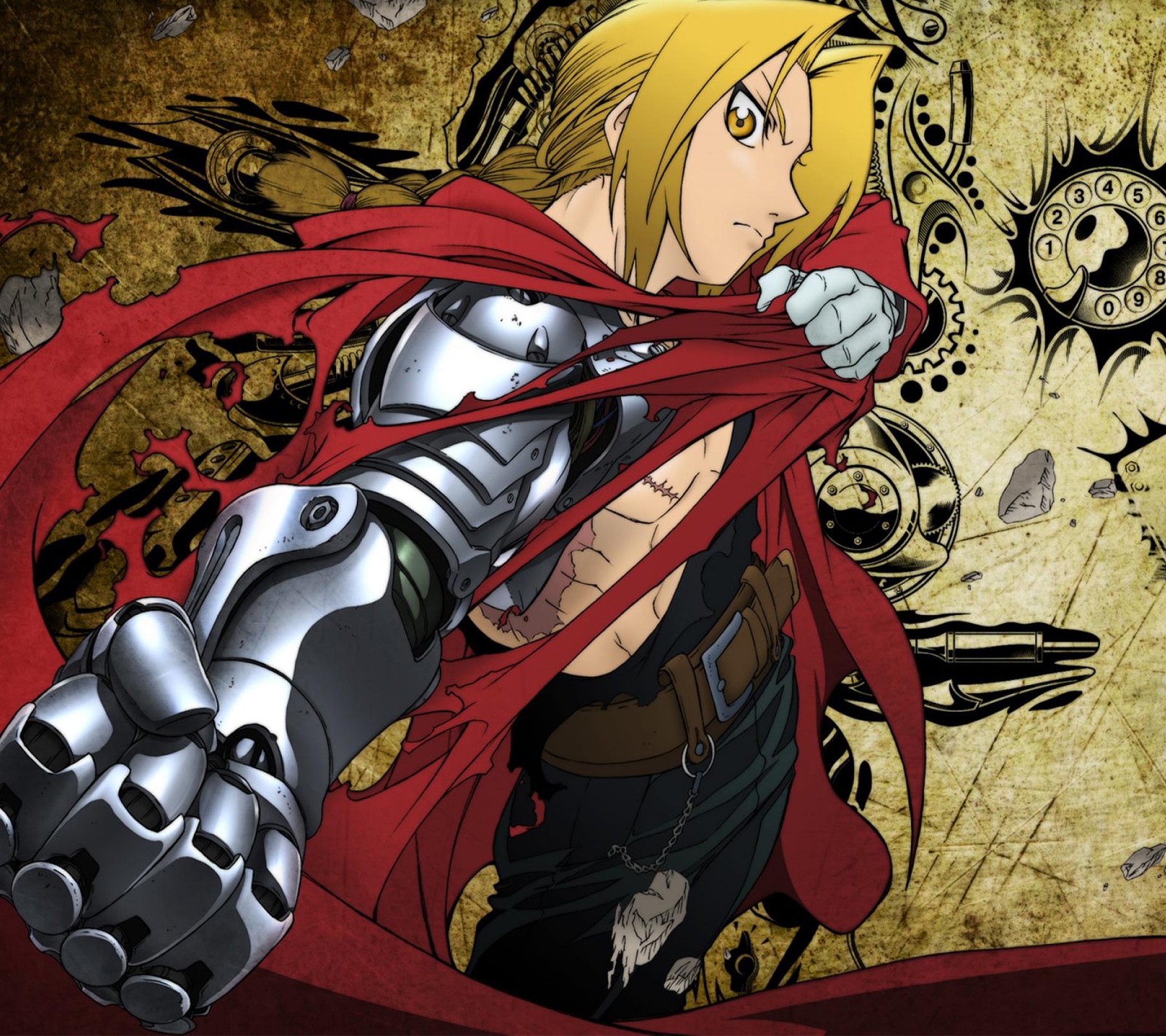 Eine nahaufnahme einer person, die eine waffe hält, mit einem hintergrund (anime, fullmetal alchemist)