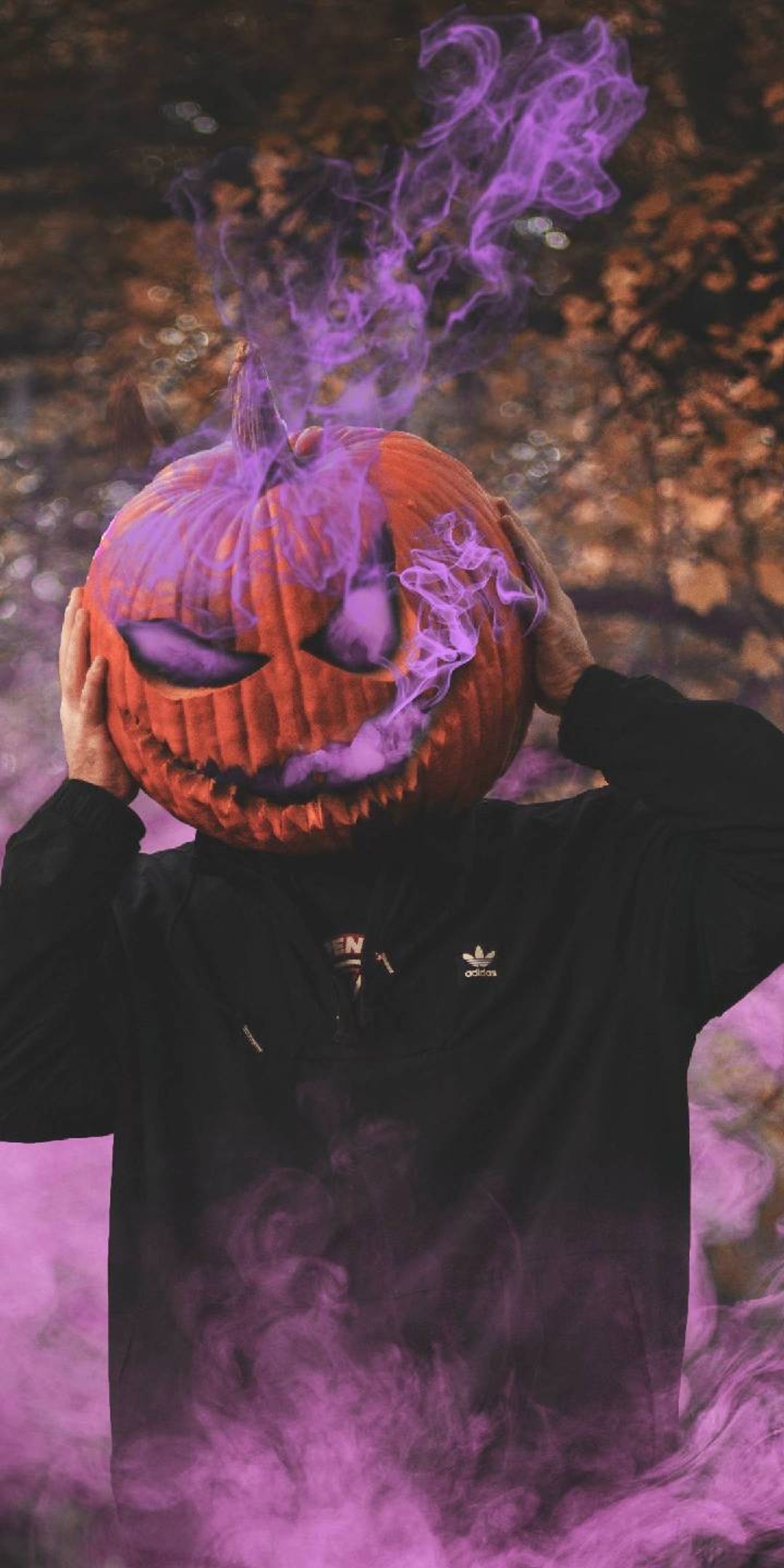 Un homme araffe avec une tête de citrouille dans un champ enfumé (effrayant, génial, fond décran 4k, halloween)