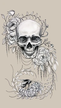 Diseño intrincado de calavera entrelazado con elementos florales, combinando la estética punk con la elegancia artística.