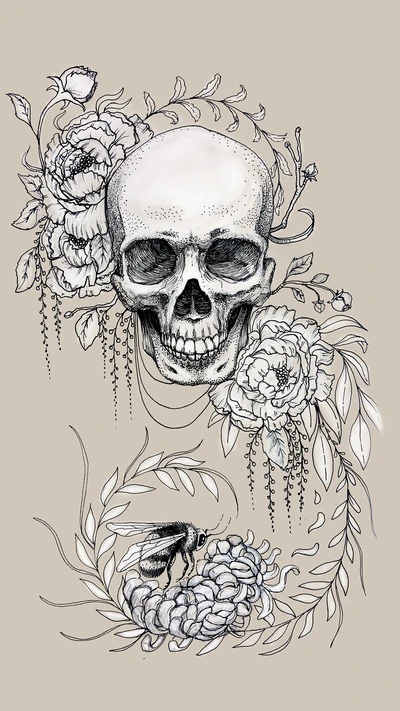 Intricate skull design entwined with floral elements, blending punk aesthetics with artistic elegance.