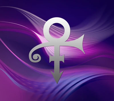 Logo emblématique de Prince avec un symbole unique, sur un fond violet vibrant et ondulé.