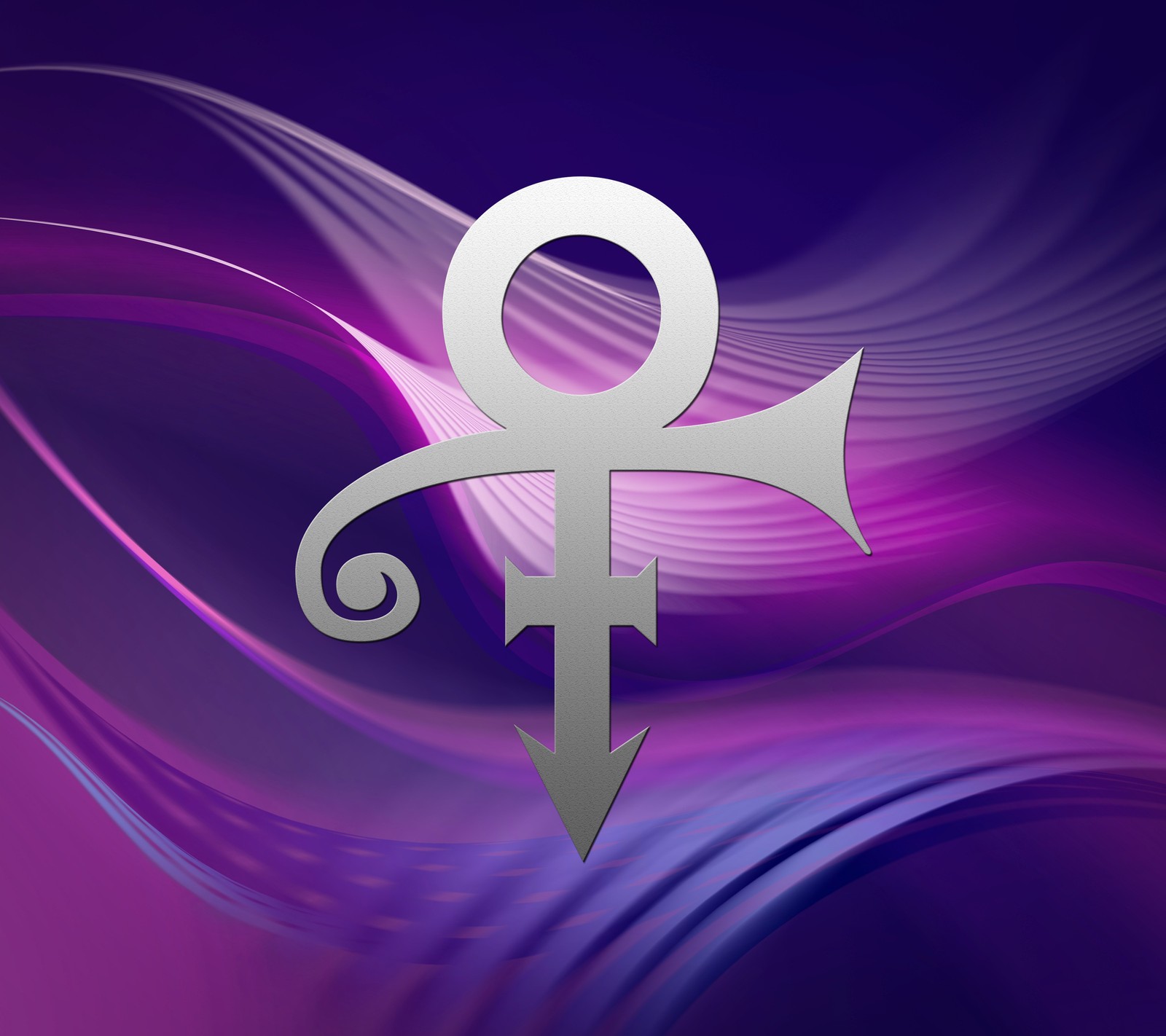 A close up of a purple and silver symbol on a purple background (logo, music, prince)