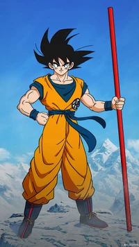 Goku em seu icônico gi laranja, empunhando um bastão contra um fundo montanhoso.