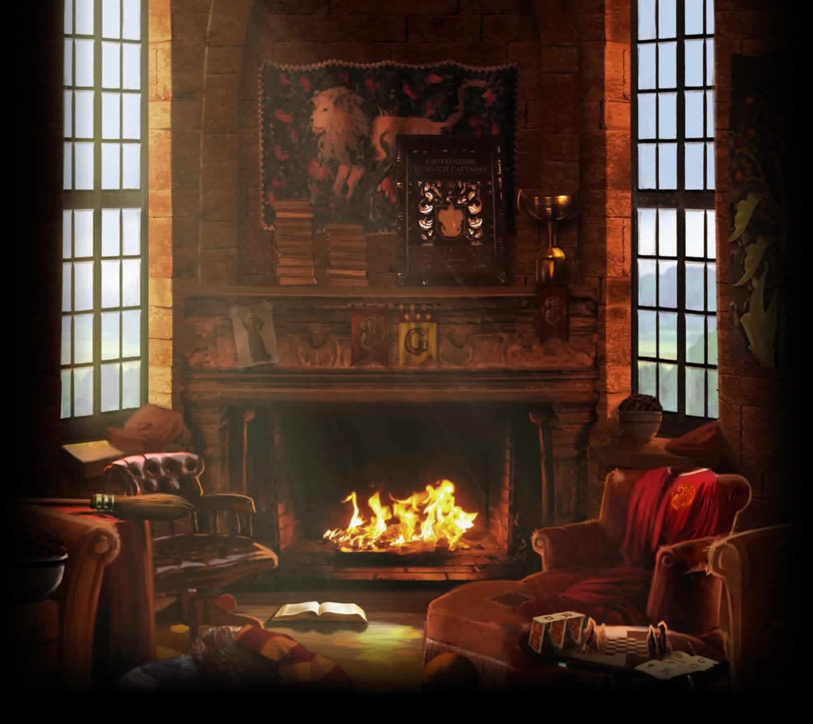 Lareira em uma sala de estar com uma pintura na parede (gryffindor, gryffindor common room, harry potter, pottermore)