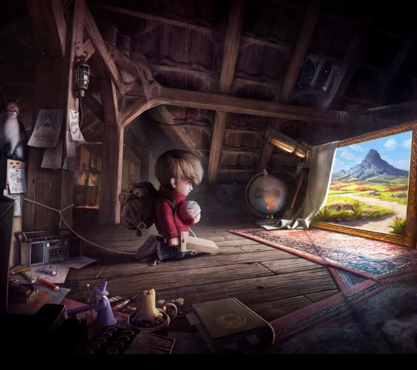 Arafed image of a child sitting on the floor in a room (boy, fantasy, huse, lonely, wood)