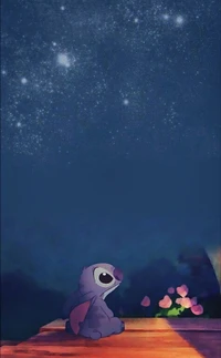 Stitch mirando al cielo estrellado, rodeado de pétalos flotantes.