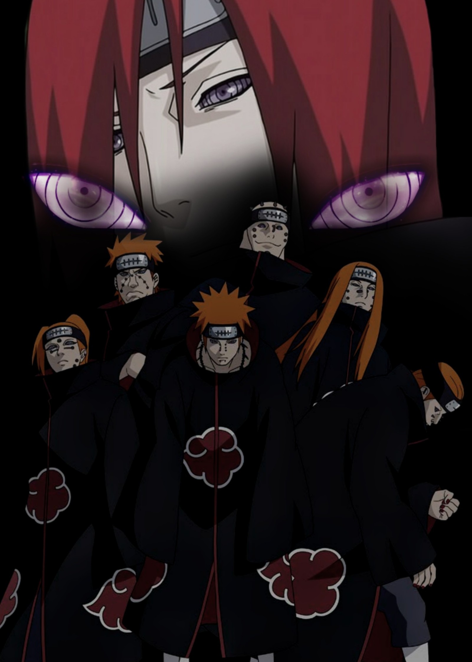 Un primer plano de un grupo de personas con cabello rojo (akatsuki, nagato, naruto, dolor, s8)