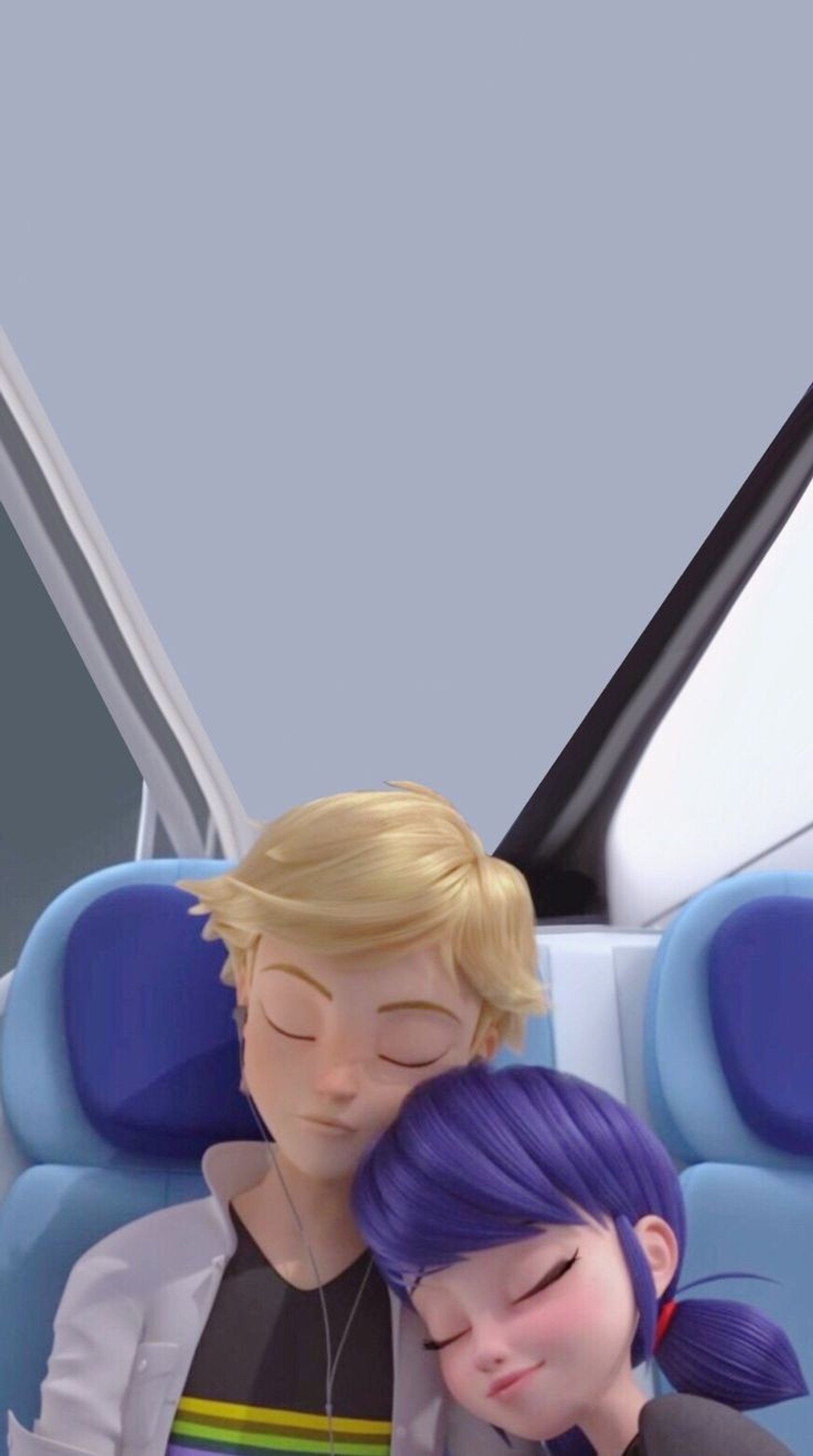 Imagem de desenho animado de um menino e uma menina se abraçando em um ônibus (adrien agreste, adrienette, desenho animado, marinette dupain cheng, miraculous ladybug)