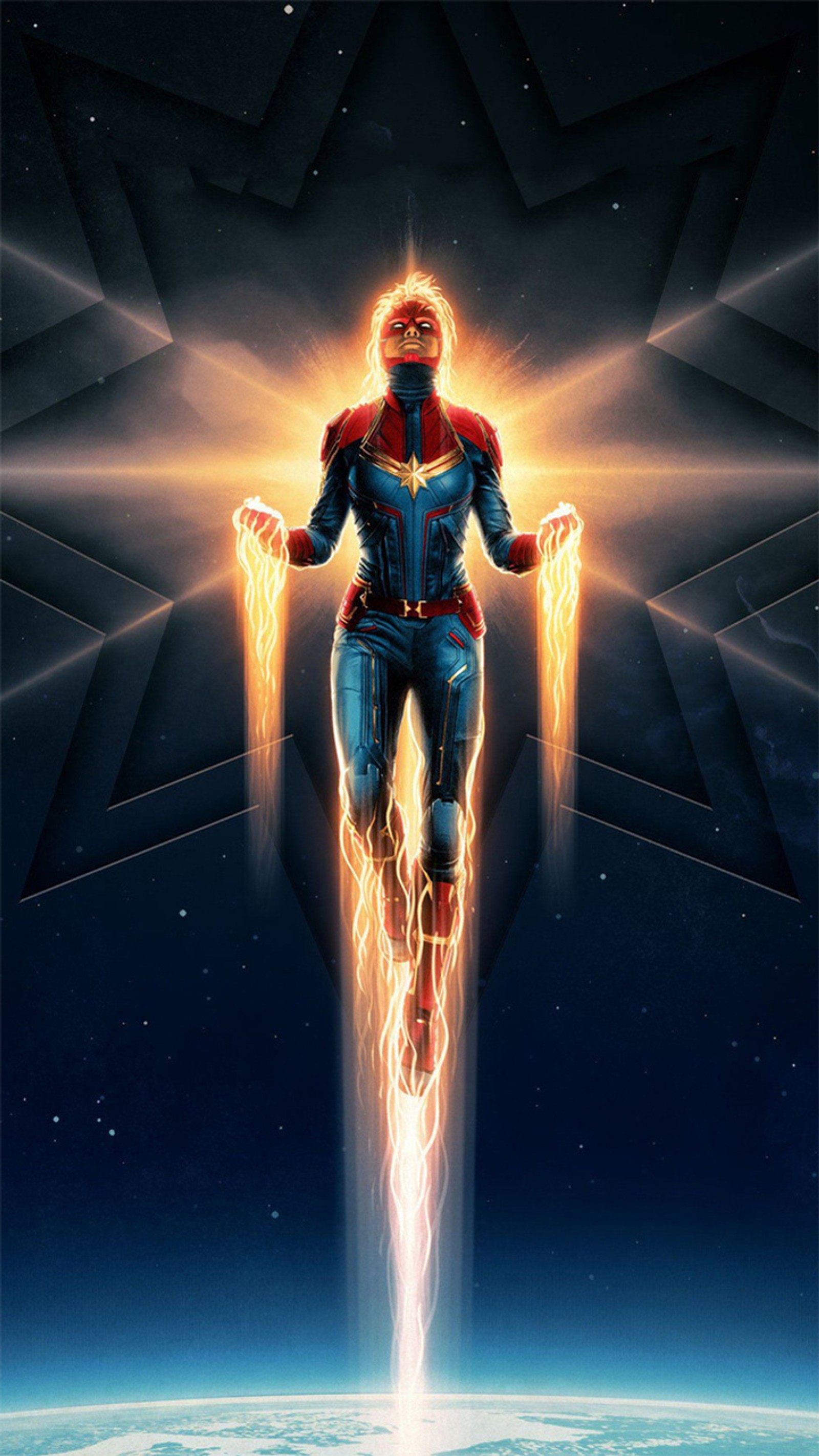 A close up of a person flying through the air with a light (captain, marvel, space, fantasy, movie)