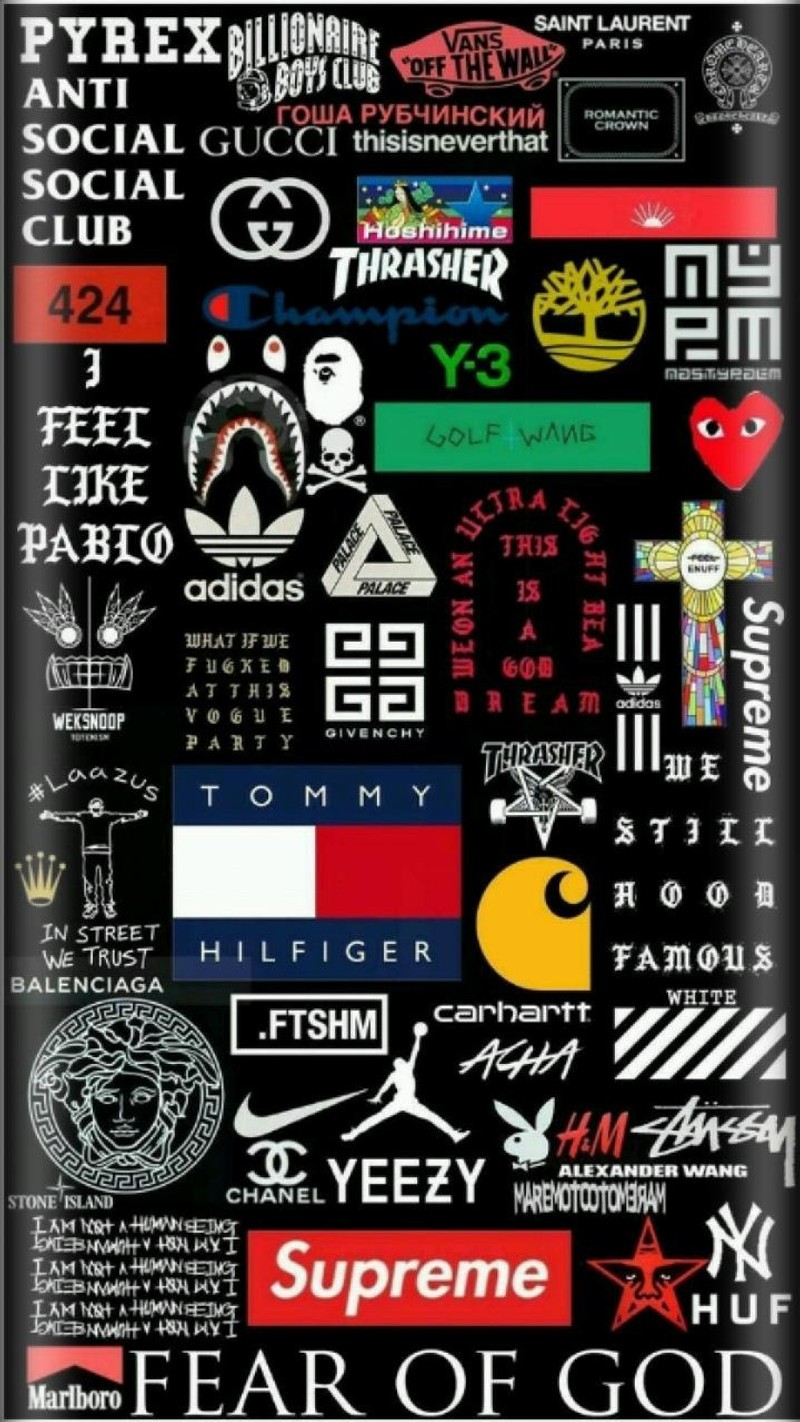 A close up of a cell phone case with many different logos (brands, classy)