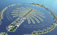 Aerial view of an intricate artificial island shaped like a palm tree, featuring luxurious accommodations and coastal landscapes, surrounded by sparkling waters.