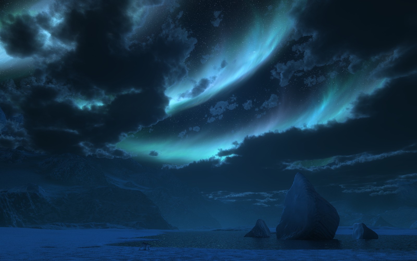 Ein bild, das von einem computerbildschirm aufgenommen wurde, mit einer landschaft mit einem berg und aurora-lichtern (atmosphäre, wolke, dunkelheit, nacht, sturm)