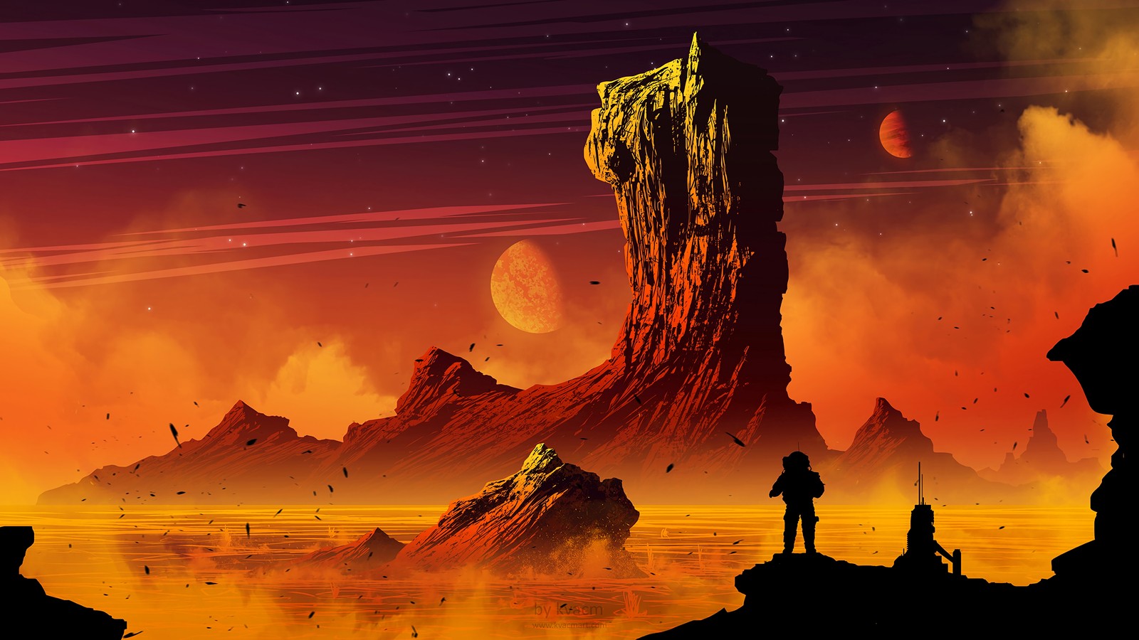 A man standing on a rock in front of a mountain with a giant rock in the distance (digital art, illustration, atmosphere, horizon, landscape)