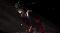 Izuku Midoriya em um momento de determinação, cercado por uma atmosfera dramática.