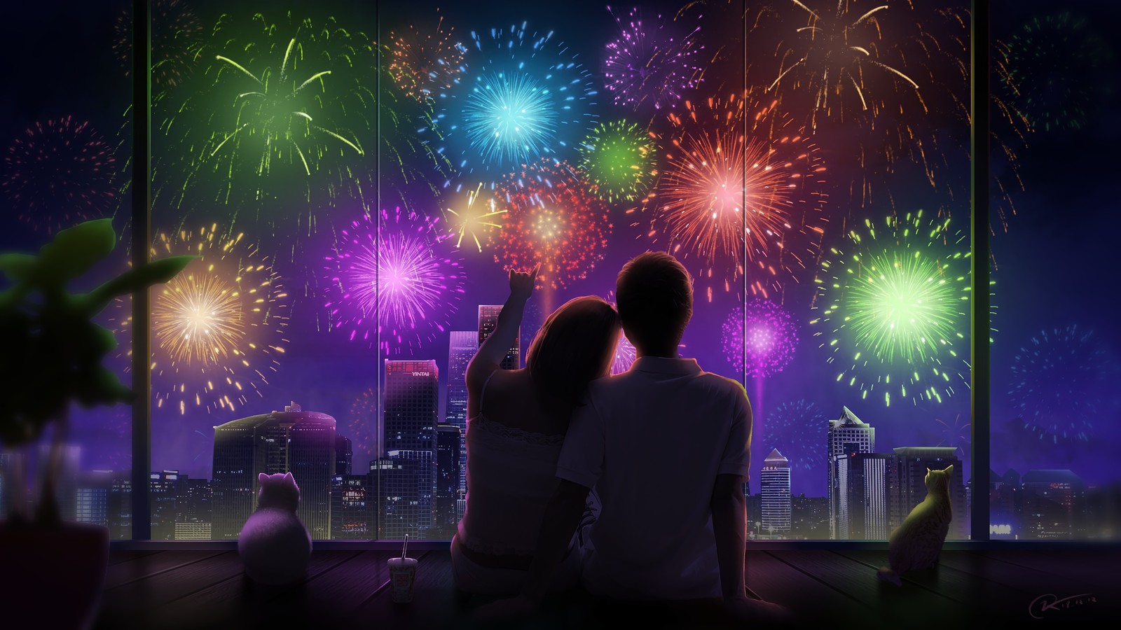 anime, couple, city, night, fireworks wallpaper