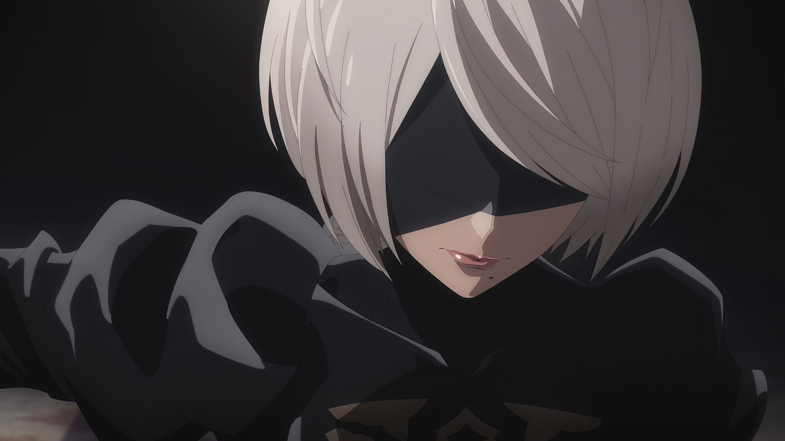 Primer plano de una persona con cabello blanco y un atuendo negro (nier automata ver11a, nierautomata ver11a, anime, yorha 2b, yorha tipo a no2)