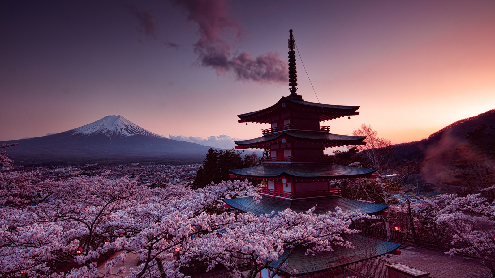 Eine hohe pagode mit einem berg im hintergrund (berg fuji, vulkan, kirschblüte, blume, pflanze)