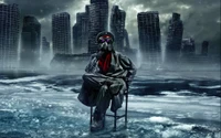 Survivor in a Frozen Apocalypse: A Solemn Figure Amidst a Ruined Cityscape