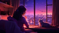 fille lofi, confortable, chat, fenêtre, seul