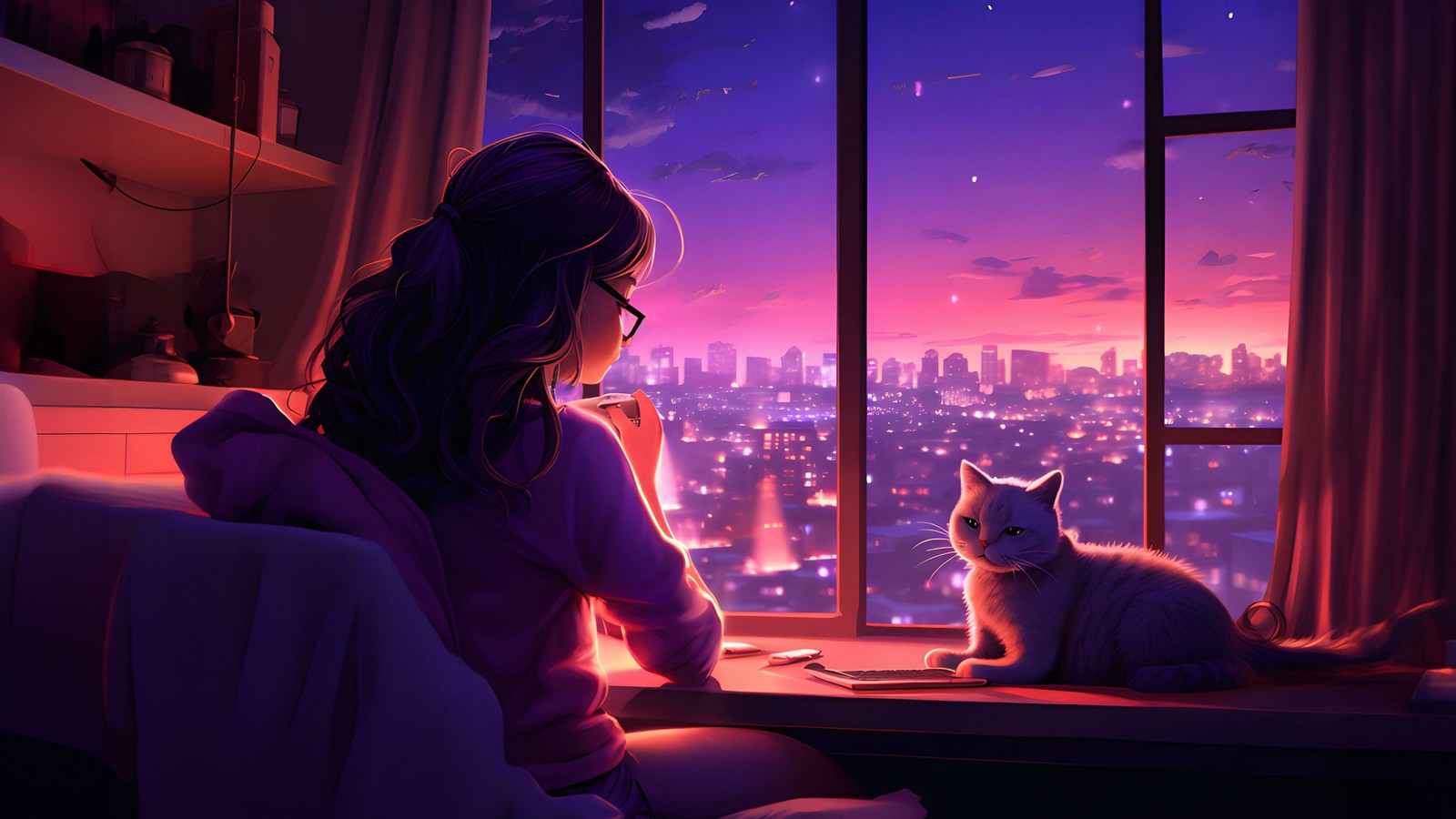 Anime, girl, cat, window, city, night, cityscape, cityscape (lofi girl, cozy, cat, window, alone)