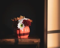 orange, vase, plant, apple, floral design