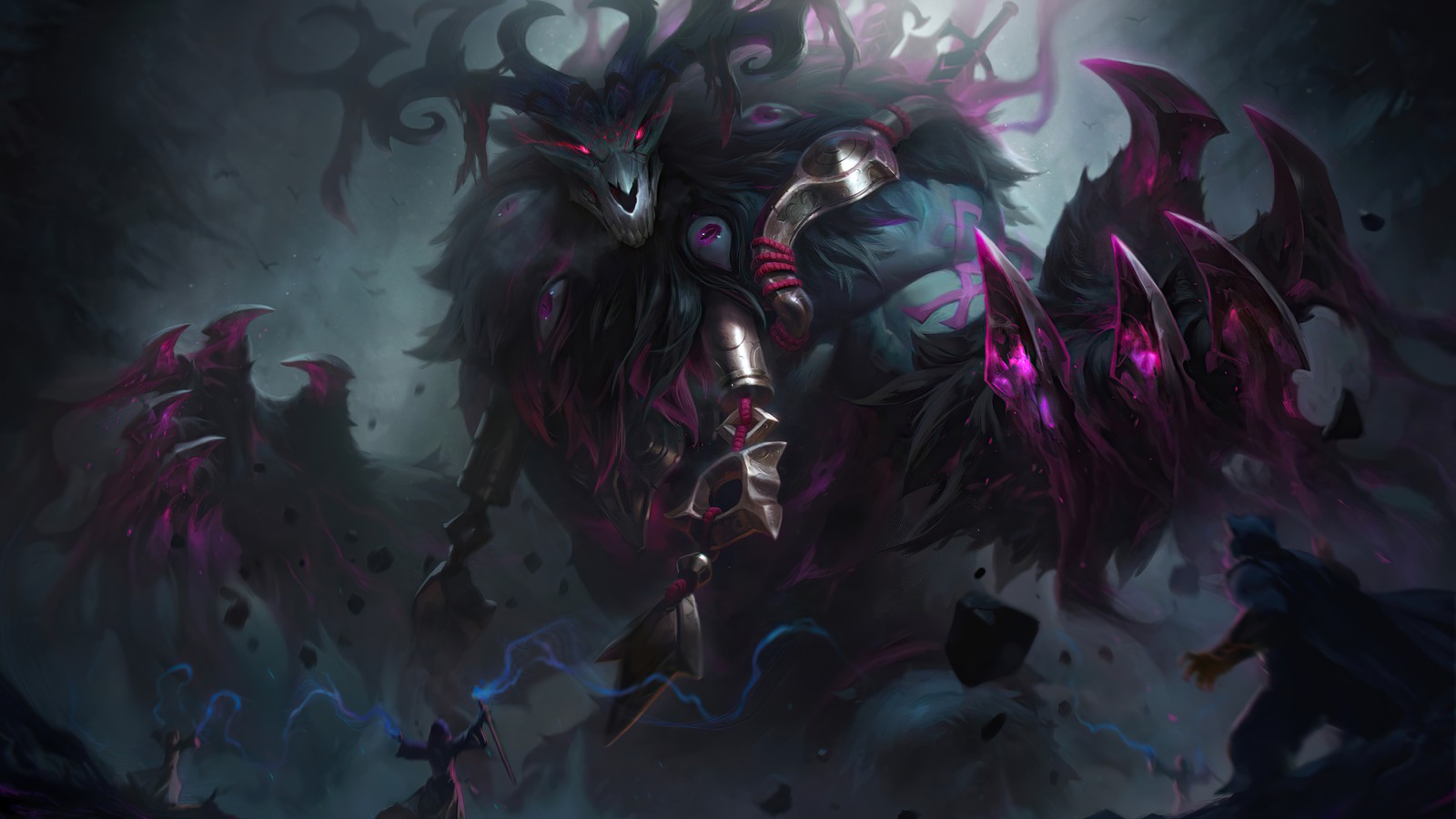 Uma pintura de uma criatura demoníaca com uma cabeça grande e grandes chifres (thousand pierced, volibear, rework, novo, pele)