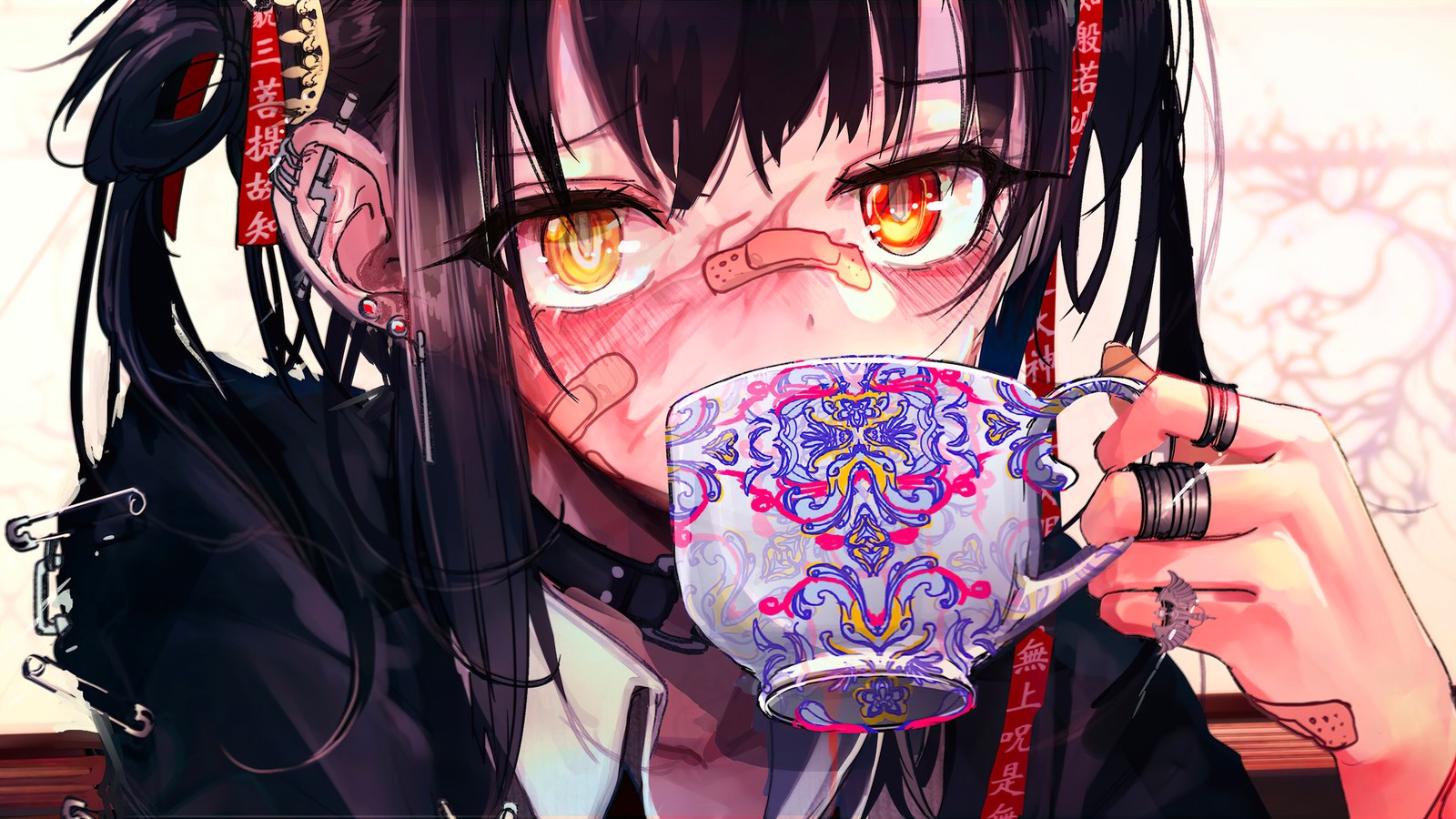 Chica de anime con una taza de té en la mano (anime, chicas, bebiendo, café)