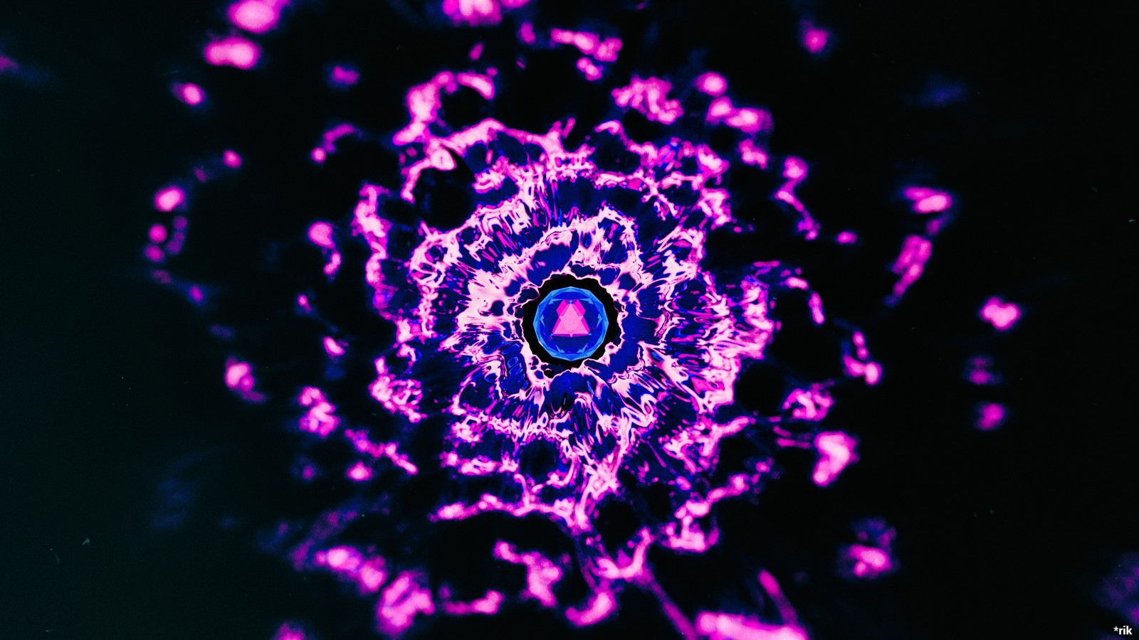 A close up of a purple and black background with a circular object (abstract art, purple, fractal art, pink, kaleidoscope)