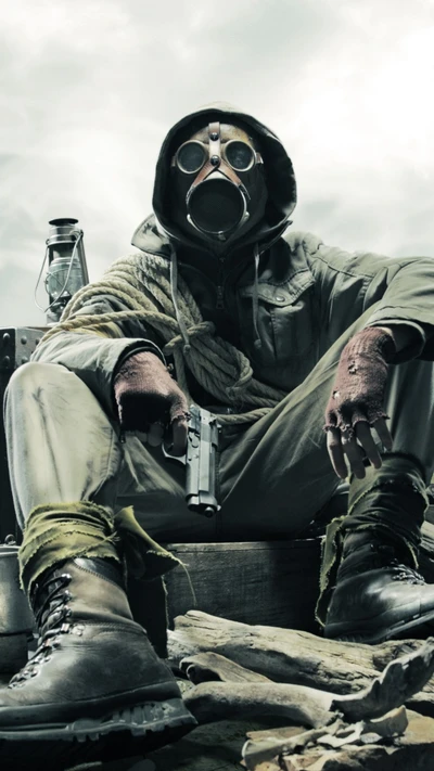 Military personnel in a gas mask and camouflage attire, holding a handgun, seated against a rugged backdrop.