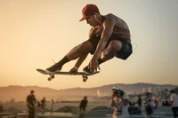 Skatista realizando um truque aéreo ao pôr do sol, capturando a essência dos esportes radicais e da recreação.