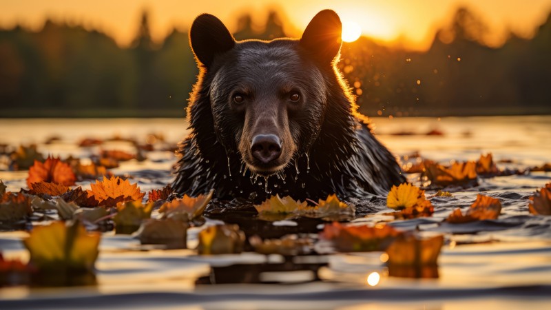 Жираф в воде с листьями перед ним (медведь, закат, животные, животное)