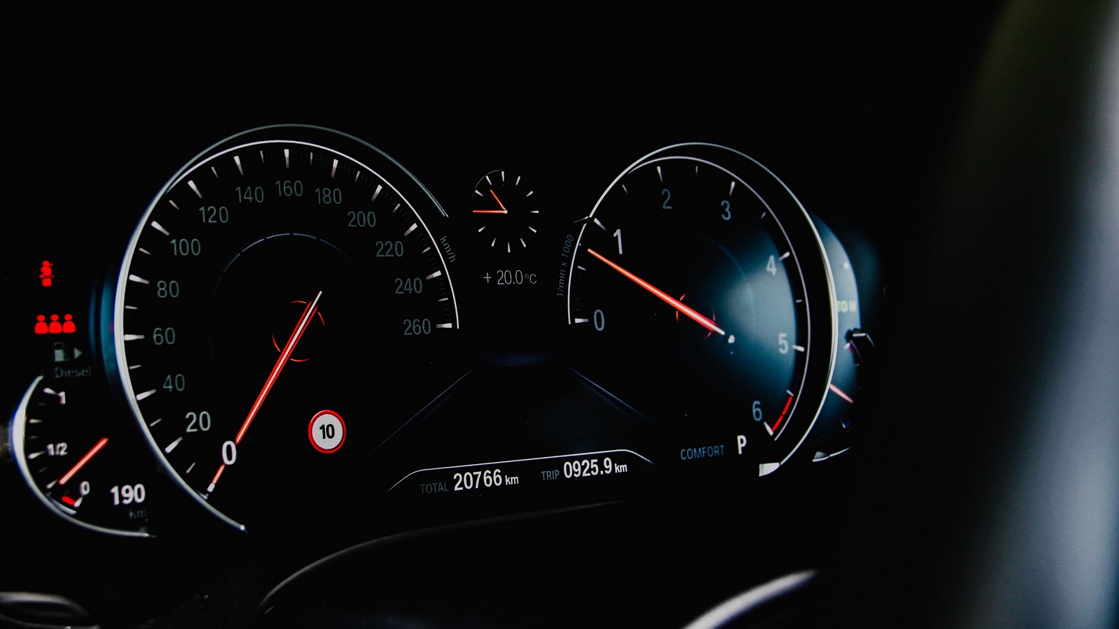 A close up of a car dashboard with a speedometer and gauges (laferrari, ferrari f12, speedometer, cars, tachometer)