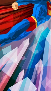 Dynamische Grafik von Superman in lebhaften Farben und geometrischen Mustern