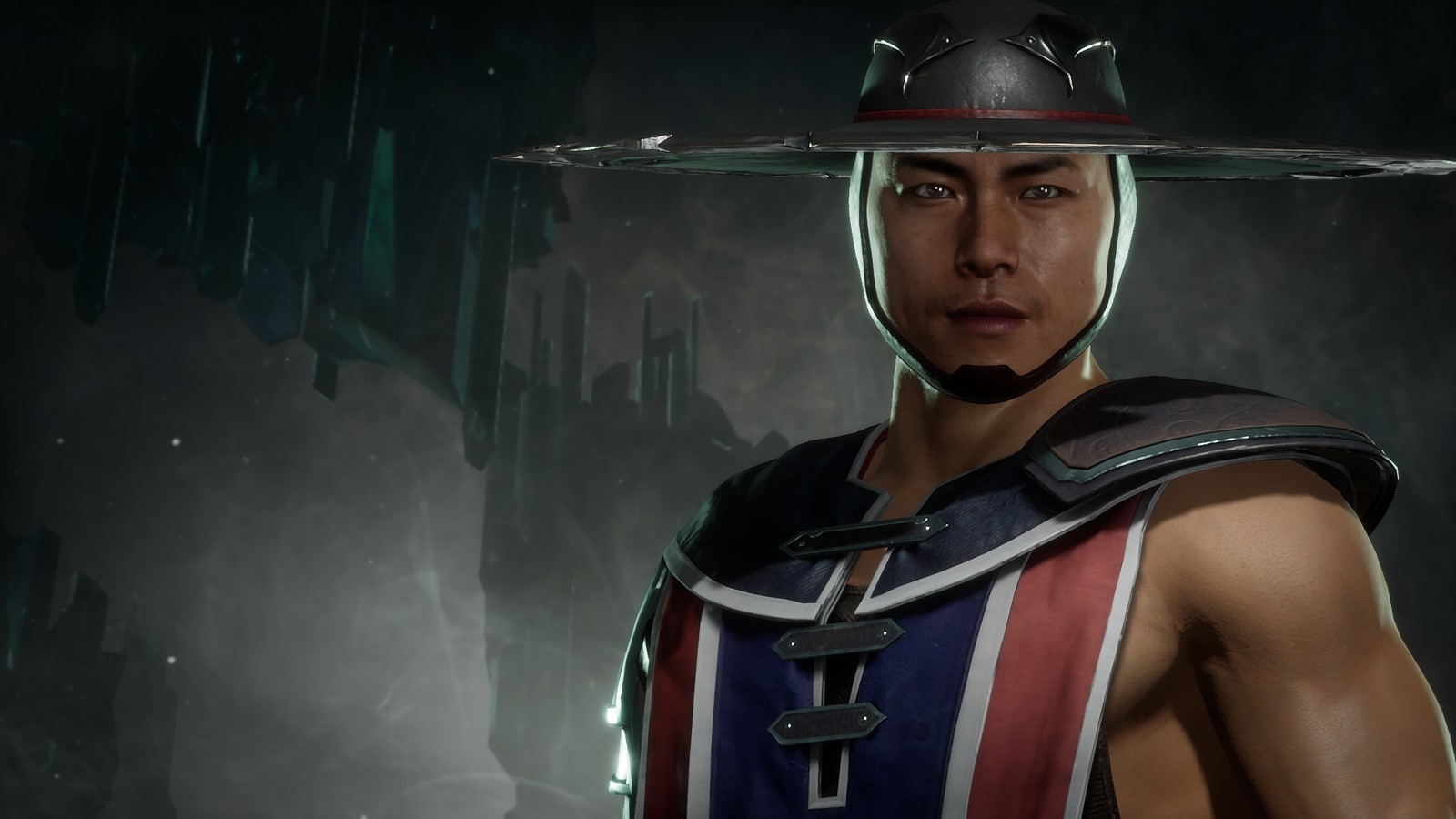 Un primer plano de una persona con un sombrero y una chaqueta (kung lao, mortal kombat 11, videojuego)