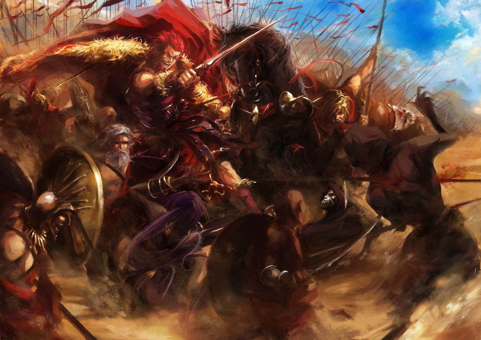 A painting of a group of men riding horses in a field (fate zero, rider, saber, demon, mythology)