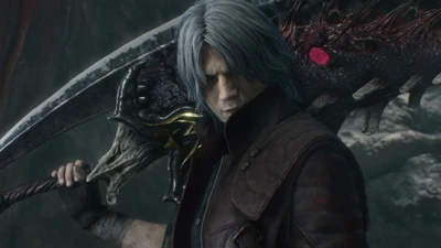 Dante from Devil May Cry 5 wielding a demonic sword with a fierce expression.